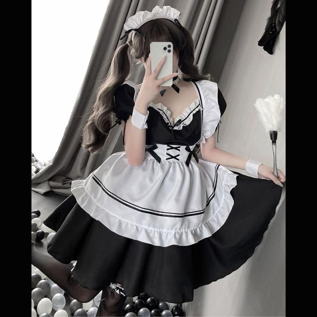 8点セット メイド服 黒リボン ミニ丈 チョーカー付き ハロウィン